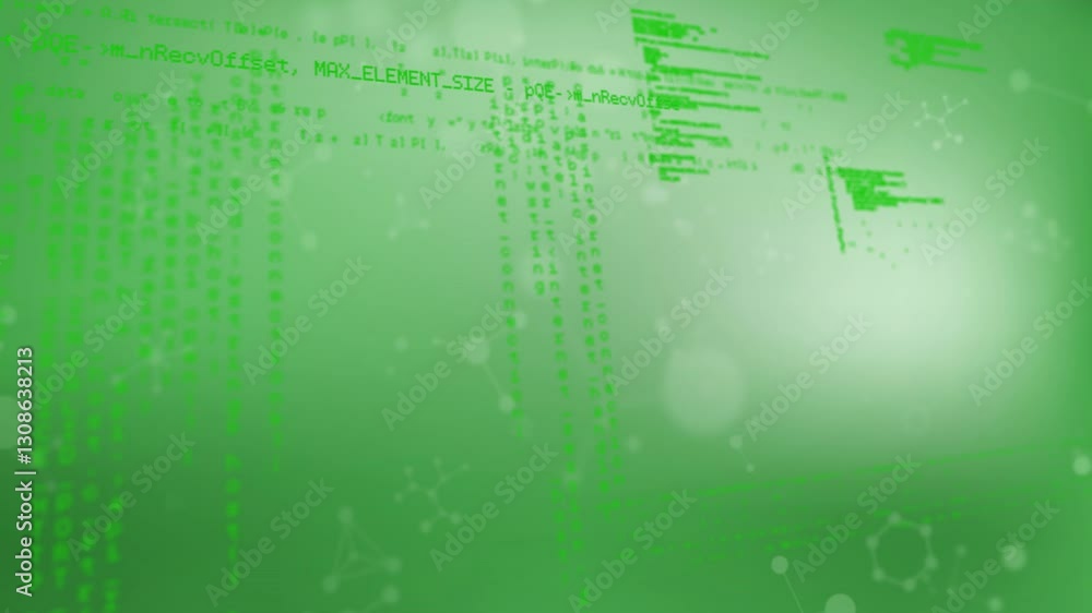 Poster animation of green digital code floating over abstract background in school setting