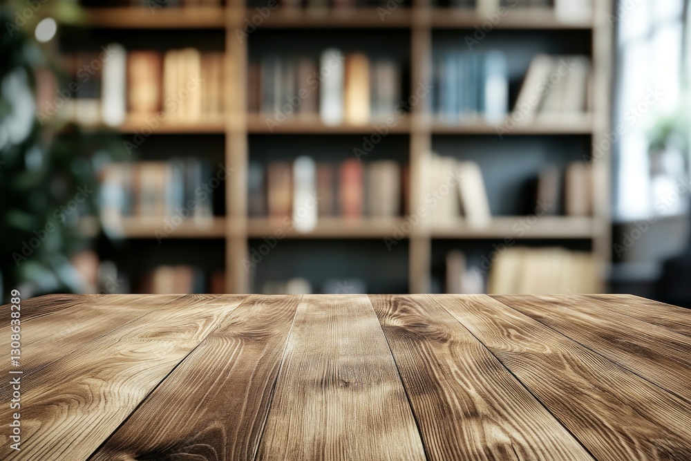 Poster wooden table surface with bookshelf background in blur for product mockup