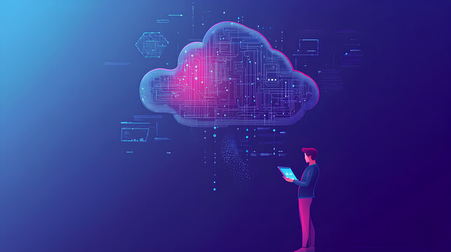 Data science and engineering. Computer programmer using digital tablet analyzing big data and cloud computing. Algorithm and AI deep learning, digital technology, data analytics concept