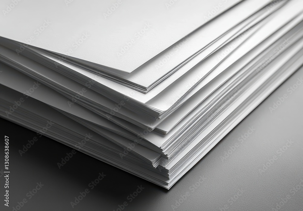 Poster stack of clean white paper sheets in perspective with soft lighting on a dark surface suitable for o