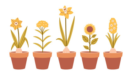 Spring flower in a pot set. Isolated cute spring flowers in flat style. Kids design, for fabric, wrapping, scrapbooking, wallpaper