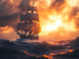 Fototapeta premium Ship Sailing Sea Sunset
