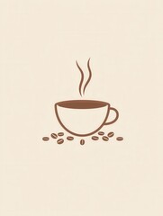Elegant minimalist coffee cup logo featuring simple steam lines and scattered coffee beans in warm brown and beige tones