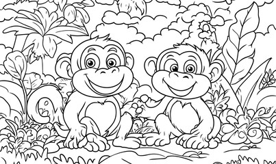 This is a black-and-white coloring book illustration featuring a happy cartoon lion in a lush jungle setting