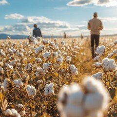 Modern organic cotton farm with farmers inspecting healthy plants. Generative AI