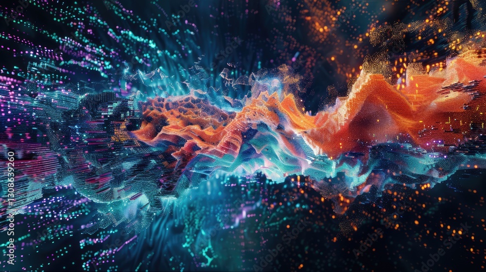 Poster abstract explosion with bright particles and dynamic motion. digital art for design with vibrant col