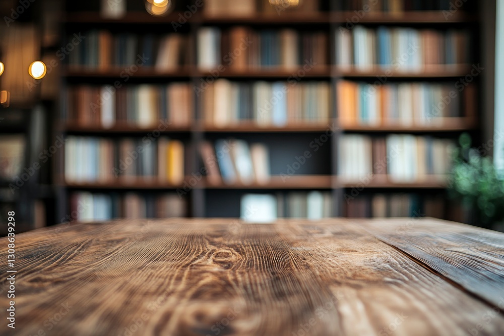 Poster rustic wooden table with bookshelf background for product display and presentation