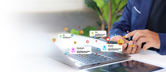 Social media and digital online concept, man using smart phone with Social media. online marketing,...