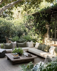 Outdoor Oasis: A tranquil outdoor living space showcases comfortable seating, a wooden table, and lush greenery, creating a serene and inviting atmosphere.