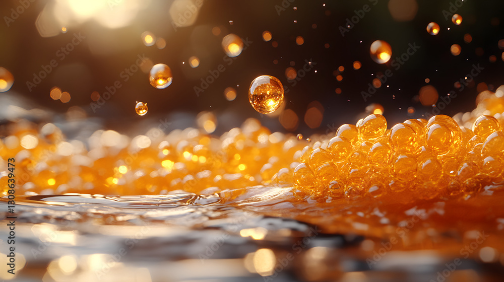 Poster golden delight: a close-up of sparkling drops of liquid suspended mid-air, as they are caught in a m