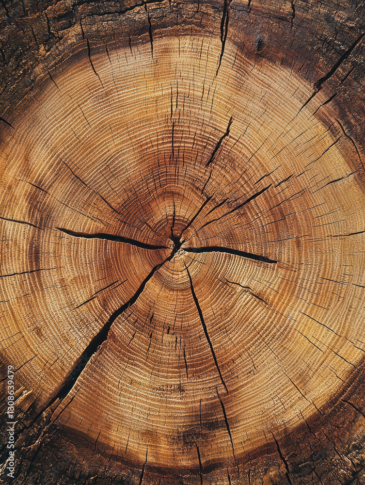 Poster wood grain symphony: a close-up of a cross-section of a tree trunk, revealing intricate patterns of 