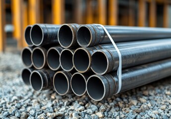 Stacked Black Steel Pipes Bundled Together on Gravel Surface at Construction Site Illustrating Industrial Materials and Construction Equipment