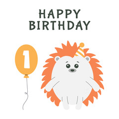 Greeting invitation card for first kids Happy Birthday. Cute baby hedgehog and balloon number one in flat childrens style. Vector illustration, design for card, poster, banner