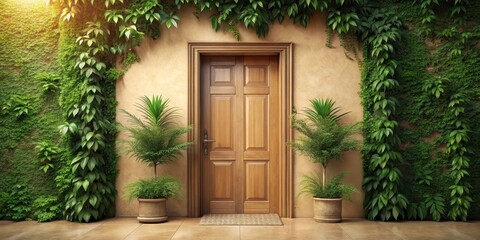 Fototapeta premium Entrance with wooden door and lush greenery, soft natural light filtering through the doorway, warm beige tones of the doorframe complemented by vibrant foliage, plants, architecture