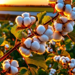 Warm golden light highlights the softness of the fibres, showcasing the raw beauty of cotton before harvest. Generative AI