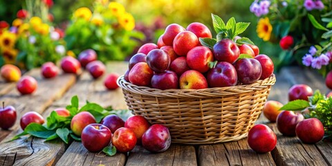 A wicker basket overflowing with a delightful assortment of ripe plums, nestled amongst vibrant green foliage and bathed in the warm glow of sunlight.