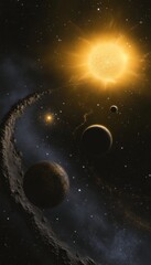 Obraz premium Stunning artistic depiction of a dual sun planetary system showcasing cosmic beauty and complexity