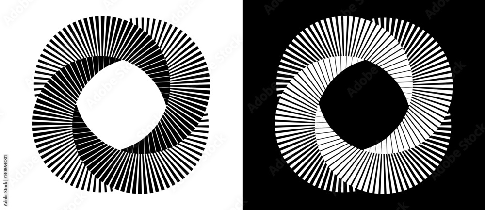 Poster Set of circles with lines. Lines in one color with different thickness. Black spiral on white background and white spiral on black background. Dynamic design element, logo or icon.