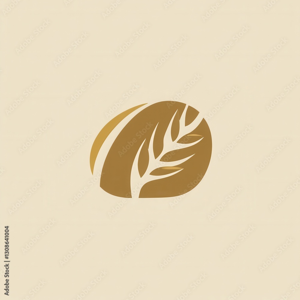 Poster minimalist bread logo featuring an abstract loaf silhouette and wheat texture in warm beige and gold