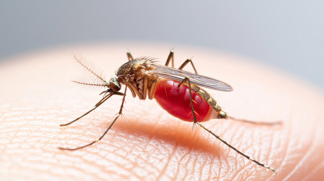 A mosquito is sucking blood on a person's skin. Malaria Infected Mosquito Bite. Leishmaniasis, Encephalitis, Yellow Fever, Dengue, Malaria Disease, Mayaro or Zika Virus Infectious Culex, Insect Macro.
