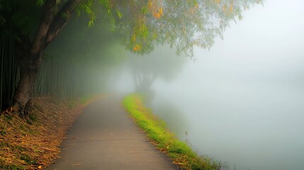 Misty path alongside a calm lake, surrounded by lush greenery and bamboo trees.