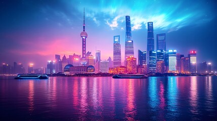Obraz premium Stunning Night View of Shanghai Skyline with Colorful Lights