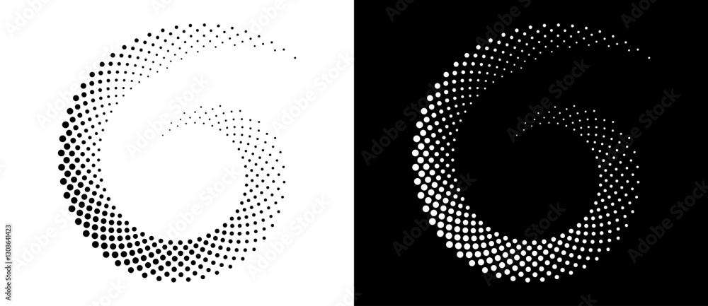Poster Modern abstract background. Halftone dots in circle form. Spiral logo, icon or design element. Black dots on a white background and white dots on the black side.