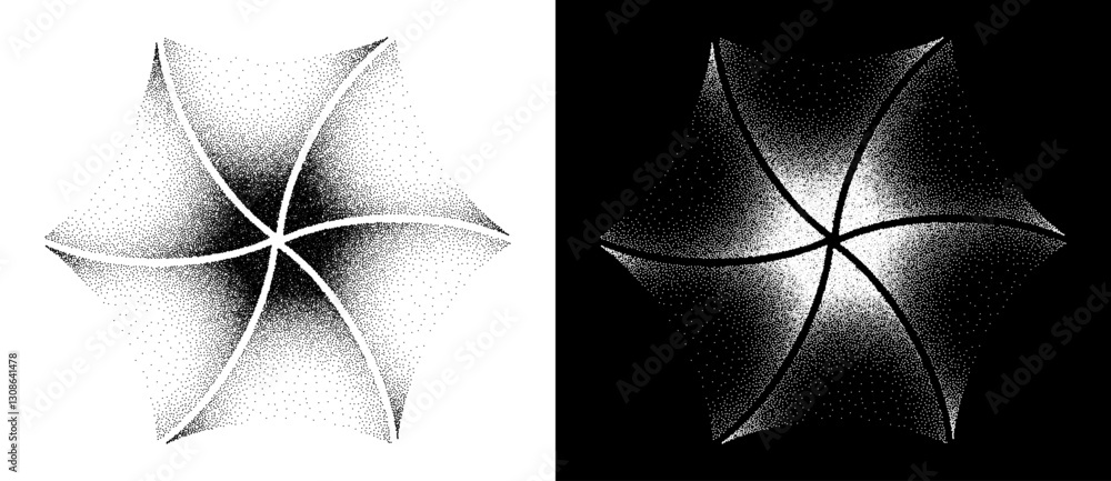 Aufkleber Modern abstract background with stipple hexagon. Spiral dotted logo. Black shape on a white background and the same white shape on the black side.
