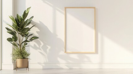 A high-quality mockup of a white wall with a blank frame in a minimalist interior setting, perfect for artwork previews, photography, and advertising designs