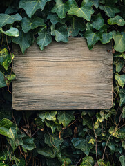 Wooden Sign in Green Foliage: A rustic wooden sign is beautifully framed by vibrant green ivy leaves, creating a harmonious contrast between natural textures.