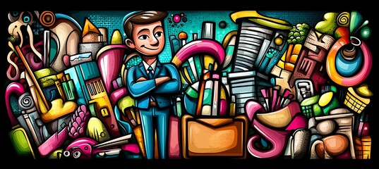 Happy businessman amidst colorful stationery and office supplies in a vibrant doodle illustration.