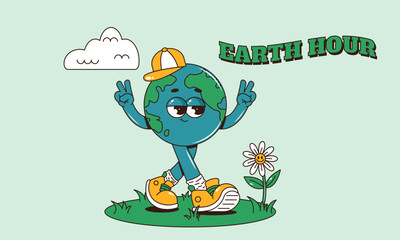 Retro groovy Earth planet walking character in baseball cap and sneakers. Earth hour horizontal banner. Vector illustration with flower, grass, flower