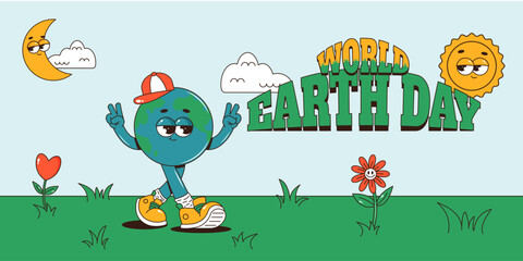 Naklejka premium World Earth day horizontal banner. Retro groovy Earth planet walking character, sun, moon, clouds, flowers. Vector illustration
