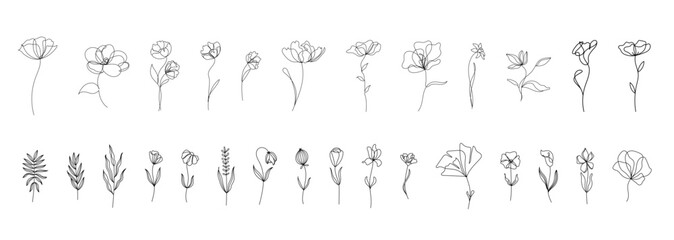Obraz premium Set of different flowers and brunch from flat editable stroke. Luxury line floral collection for wedding invitation art, design template of save the date card. Botanical vector illustration