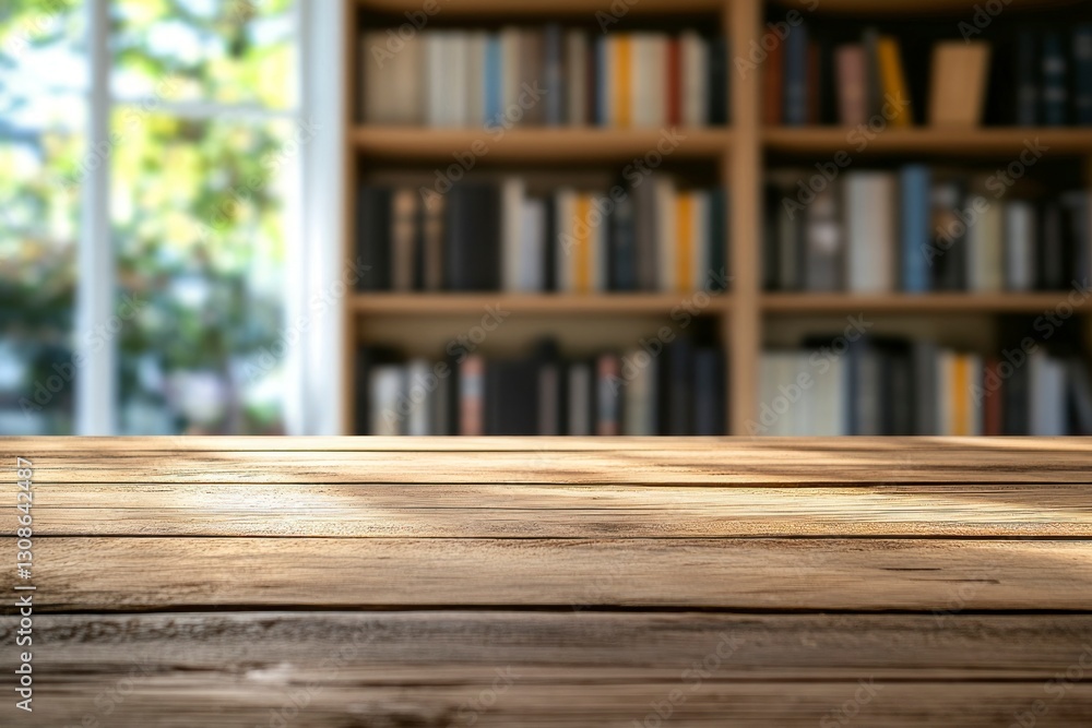 Poster wooden table surface with bookshelf and window background for product display