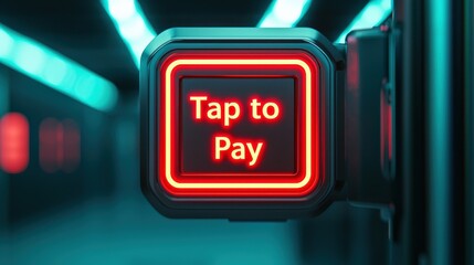 Illuminated payment terminal with "Tap to Pay" sign glowing in a modern setting.