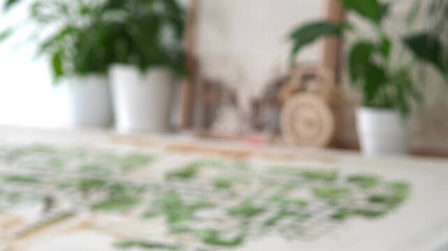 Blurred Background of watercolor painting - family tree. Green paint predominates. Watercolor painting. Creative art workshop. Graphic painting on watercolor paper