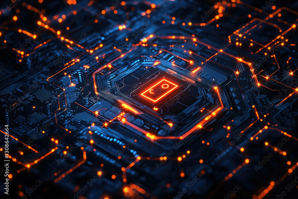 Poster abstract digital artwork depicting a circuit board with glowing orange lines and a central co2 symbo