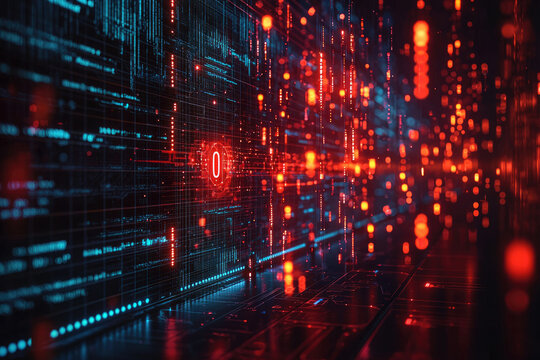 Abstract digital landscape with binary code and glowing particles, representing data streams and technological advancement.