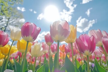 Low angle view of colorful tulips blooming under bright sunlight and blue sky.