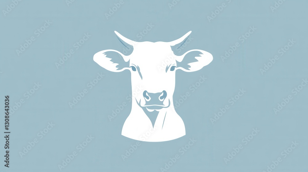 Poster stylized cow logo for minimalist dairy farm branding in soft blue and white color scheme reflecting 
