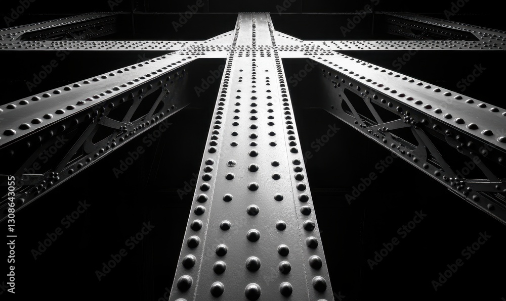 Poster structural abstract of a metallic bridge in black and white showcasing bolt patterns and strong engi