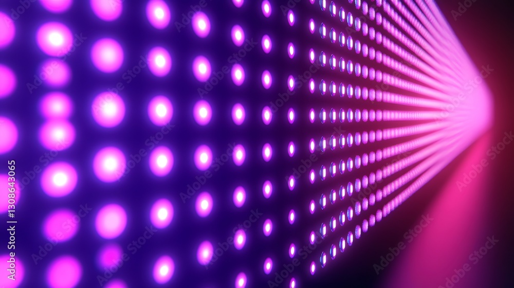 Poster array of illuminated purple and pink dots in a perspective view