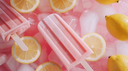 Pink lemonade popsicles on ice with lemons
