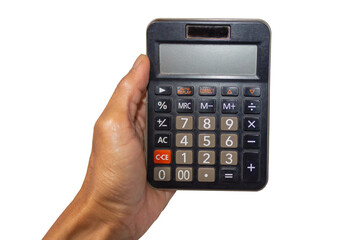 Black Calculator with Digital Display Held in Hand on White Background