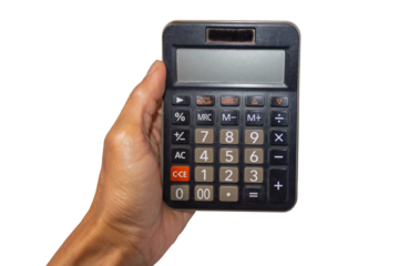 Black Calculator with Digital Display Held in Hand on White Background