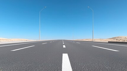a long, straight road stretches into the distance under a bright blue sky, with minimalist lampposts on both sides