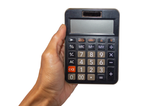 Black Calculator with Digital Display Held in Hand on White Background