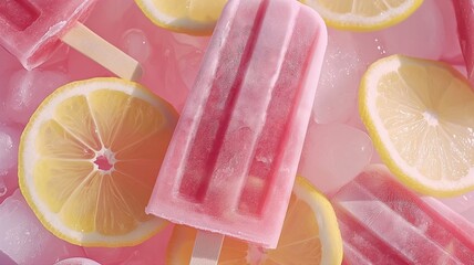 Pink lemonade popsicles on ice with lemons