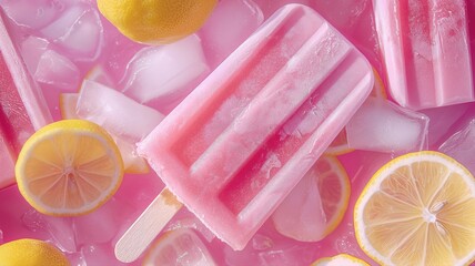 Pink lemonade popsicles on ice with lemons